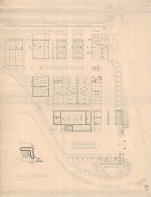 Ch. Thévenaz, projet “Apis I”, 2e prix du concours pour les abattoirs de Lausanne, non réalisé  mais Ch. Thévenaz a fait partie des concepteurs du plan final, au même titre que les bureaux lauréats des 1er et 3e prix, 1939, Archives de la Ville de Lausanne. 
