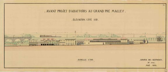 Service des bâtiments de la Ville de Lausanne, Avant-projet d’abattoirs sur deux étages au Grand-Pré, Malley, non réalisé, mai 1926, Archives de la Ville de Lausanne.