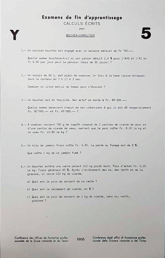 Examens de fin d'apprentissage, calculs écrit pour boucher-charcutier, 1966, Archives cantonales vaudoises, SB 49/284 dossier 522.