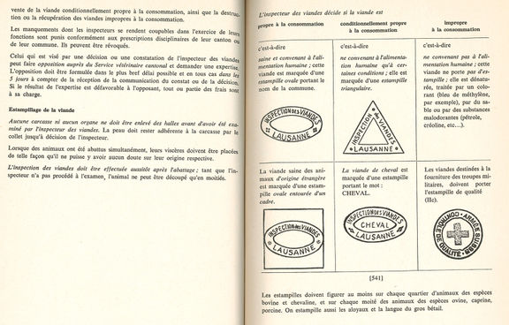 Les différents types d’estampillage de la viande présentés par le directeur des abattoirs de Malley, Samuel Debrot, dans son ouvrage <i>Technologie vétérinaire</i>, 1967.