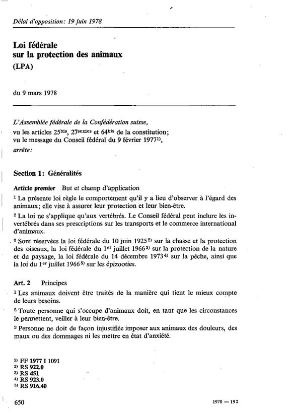 Texte initial de la première loi fédérale (1978) réglementant la protection des animaux au niveau national (LPA). Archives fédérales suisses.