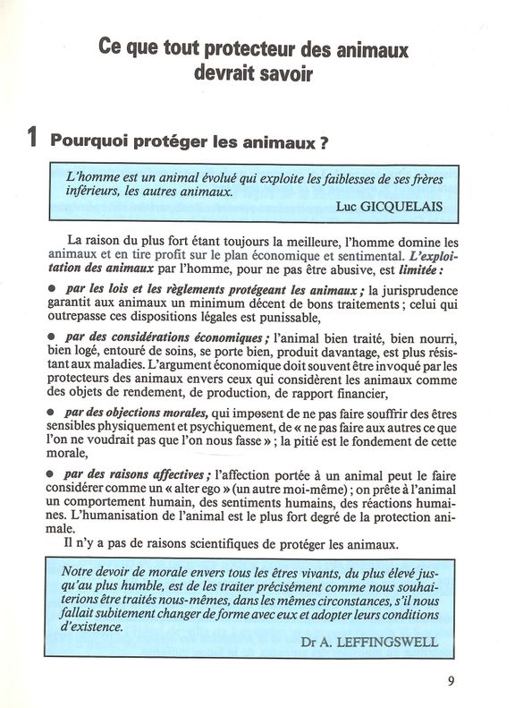 Une des premières pages du livre du Dr Samuel Debrot, <i>Aux protecteurs des animaux : 150 réponses</i>, 1984. © SVPA.